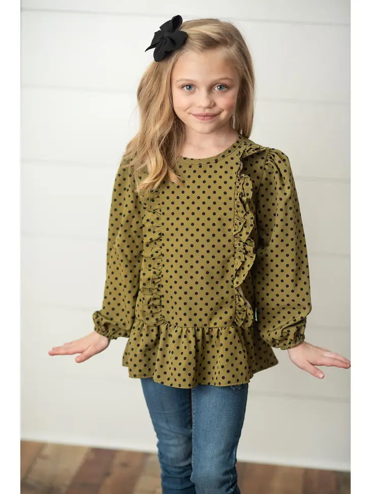 Kids Olive Black Polka Dot Long Sleeve Ruffle Fall Shirt Oopsie Daisy