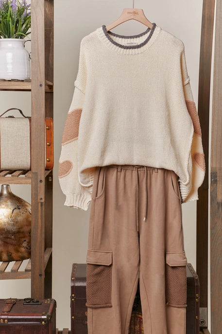 Round Neck Heart Patched Loose Fit Sweater Mello