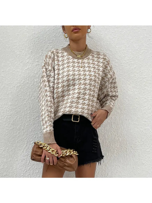 Khaki Houndstooth Pattern Drop Shoulder Sweater Hope Horizon