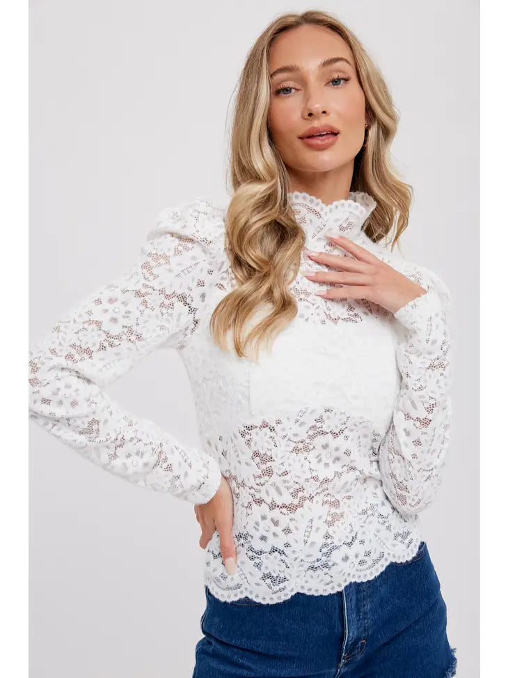 MOCK NECK SCALLOP HEM LACE KNIT TOP The Druzy Rose