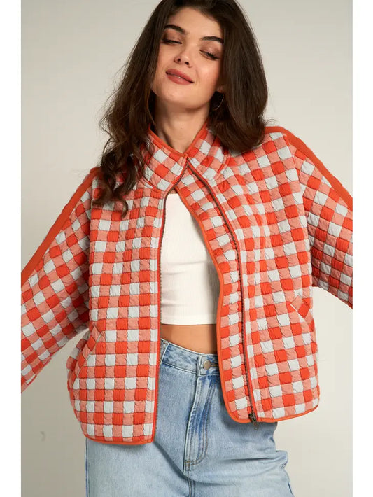 Quilted Jacket Orange Navy Check En Crème ·