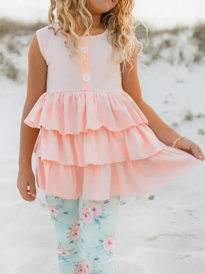 Kids Peach Teal Floral Tiered Ruffle Button  Set The Druzy Rose