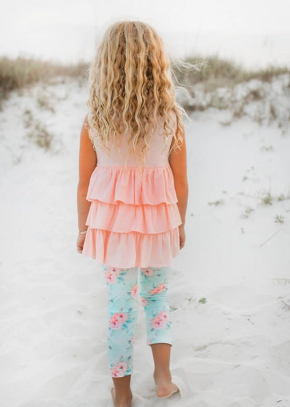 Kids Peach Teal Floral Tiered Ruffle Button  Set The Druzy Rose