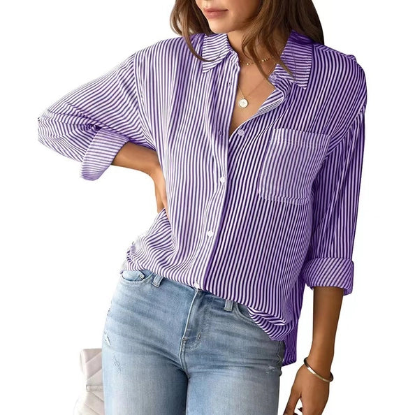 Purple Striped Blouse Top Loose Shirt