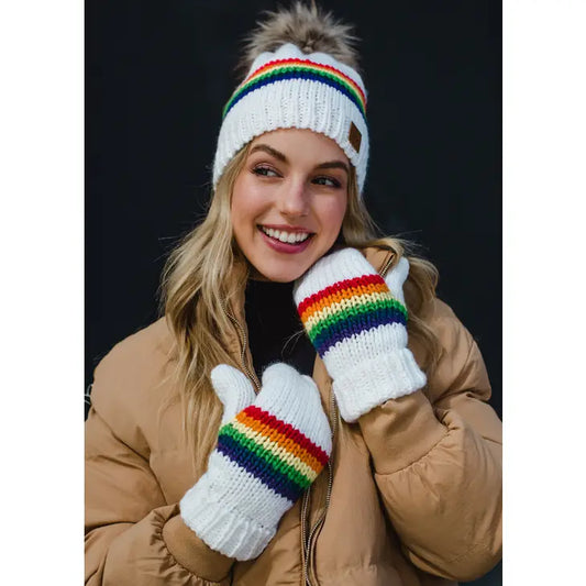 White & Rainbow Striped Mittens Panache Apparel Co.