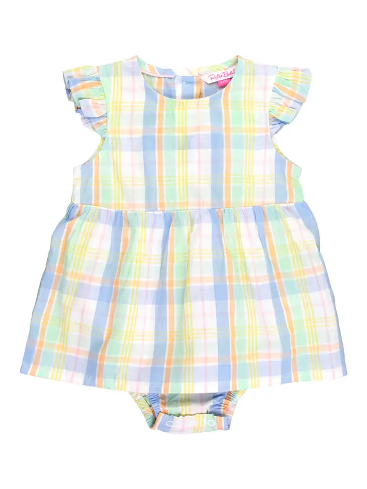 Clubhouse Rainbow Plaid Flutter Sleeve Skirted Romper Ruffle Butts