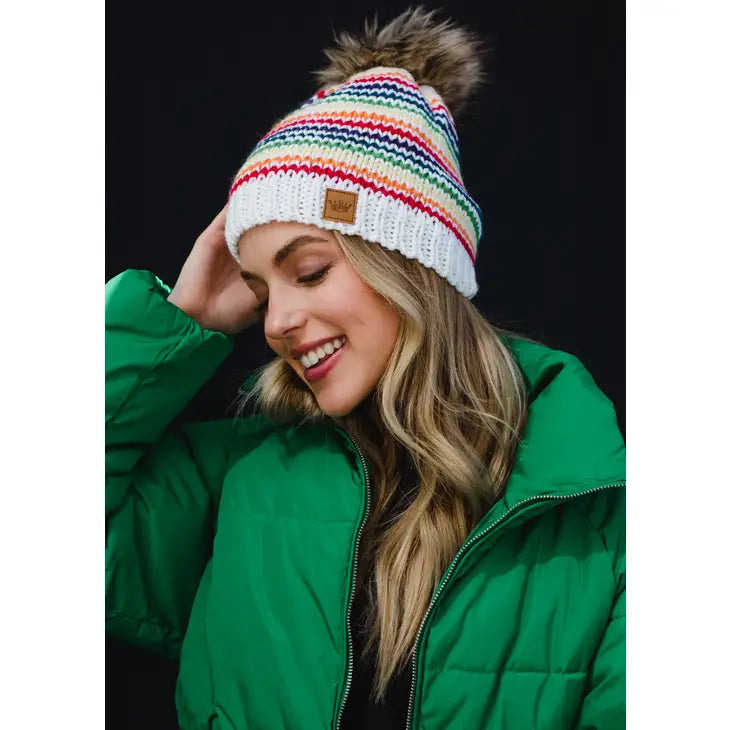 White & Rainbow Striped Pom Hat Panache Apparel Co.