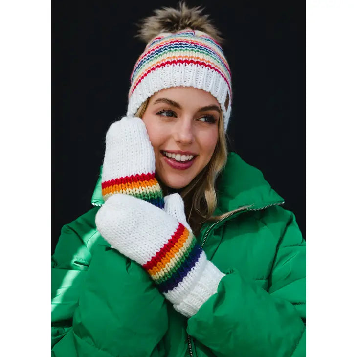 White & Rainbow Striped Pom Hat Panache Apparel Co.