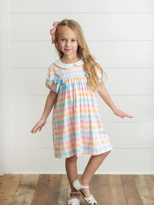 Kids Pastel Check Smocked Bow Spring Easter Dress Wren & James