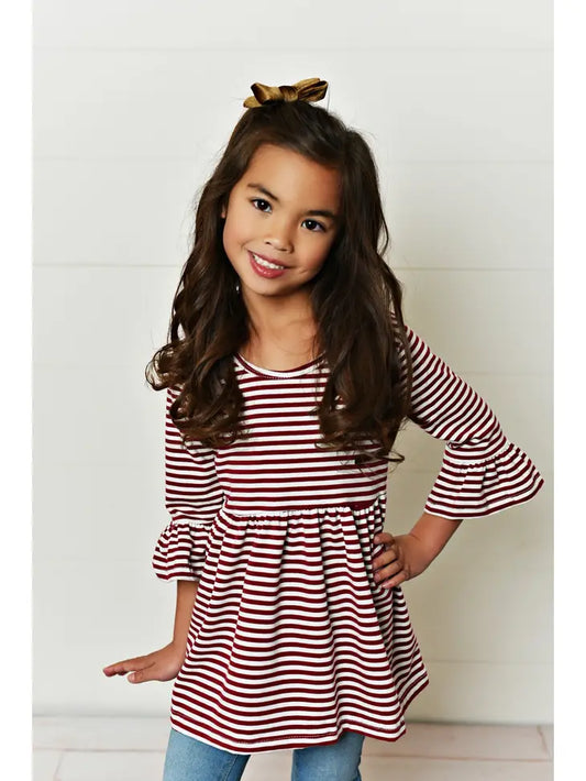 Kids Fall Maroon Stripe Ruffle Sleeve Shirt Blouse The Druzy Rose