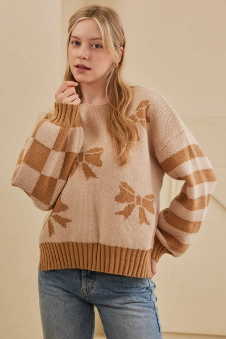 Bow Sweater with Checkered and Stripe Sleeve Detail Mello