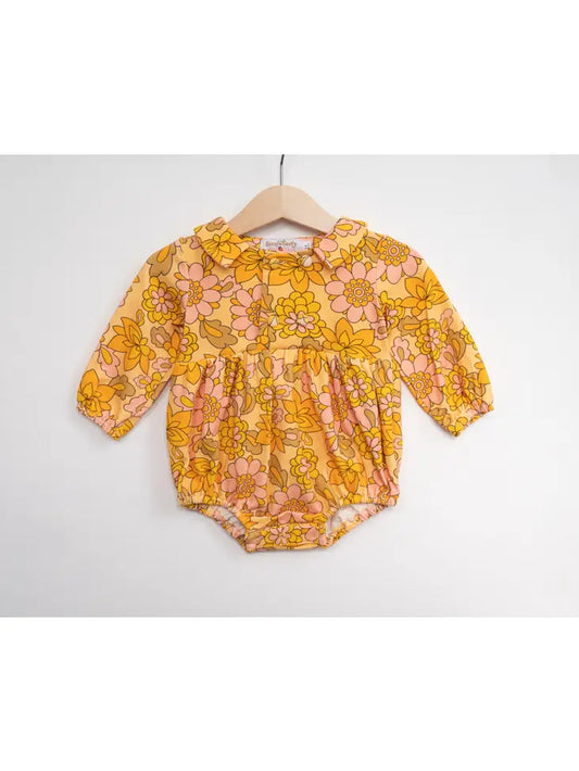 Seventies Yellow Retro Floral Collar Romper For Babies The Druzy Rose