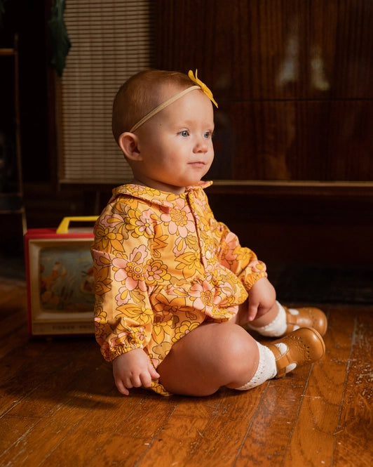 Seventies Yellow Retro Floral Collar Romper For Babies The Druzy Rose