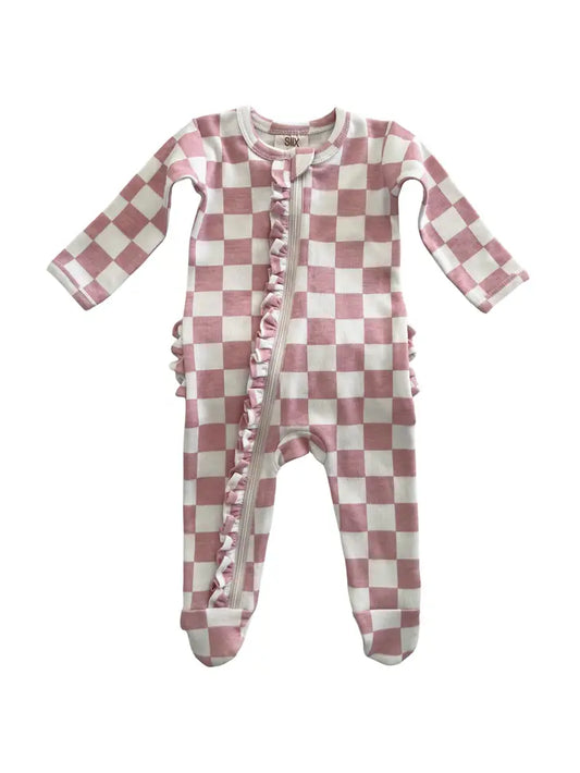 Strawberry Shortcake Checkerboard / Organic Frill Zip Footie SIIX