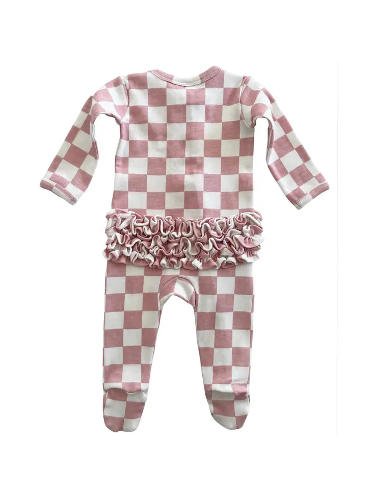 Strawberry Shortcake Checkerboard / Organic Frill Zip Footie SIIX