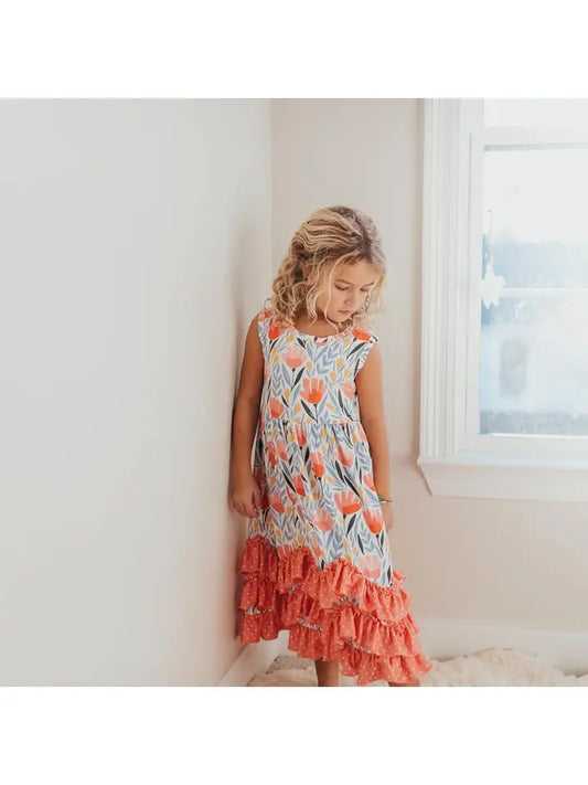 Kids Peach Dot Floral 3 Ruffle Spring Summer Dress Adorable Sweetness