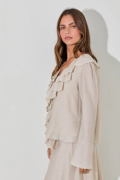 Ruffle Long Sleeve NATURAL Baevely by Wellmade USA