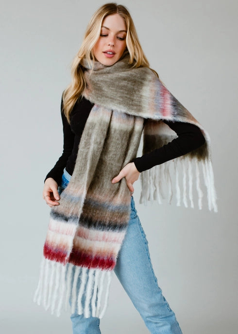 Olive & Multicolored Striped Scarf with Fringe Panache Apparel Co.