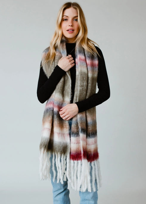 Olive & Multicolored Striped Scarf with Fringe Panache Apparel Co.