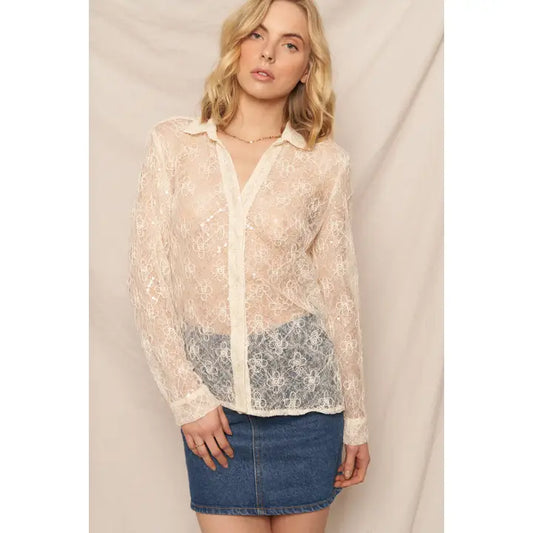 Floral Sequin Lace Long Sleeve Button Down Top En Crème ·