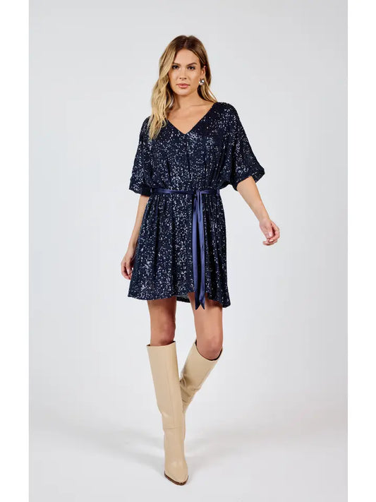 Sky High V Neck Sequin Dress W Tie Belt: Navy Sadie & Sage