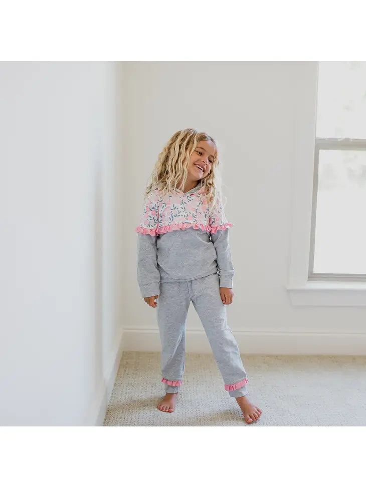 Kids Gray & Pink Flower Hoodie Sweat Pant Loungewear Set The Druzy Rose