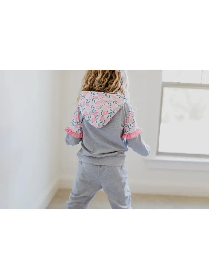 Kids Gray & Pink Flower Hoodie Sweat Pant Loungewear Set The Druzy Rose