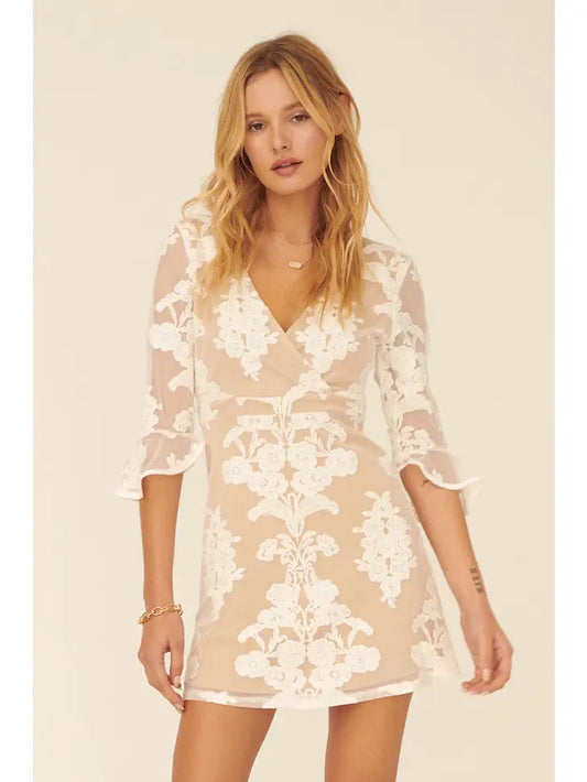 Floral Lace Sheer Chiffon Surplice Neck Mini Dress Cream Promesa USA