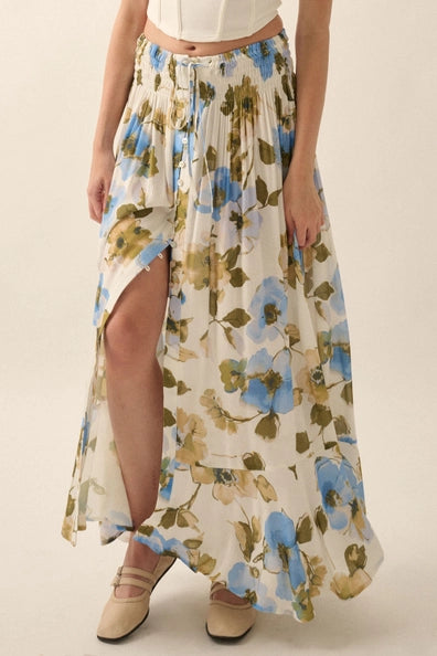 Floral Crepe Button-Front Ruffle-Hem Maxi Skirt Promesa USA