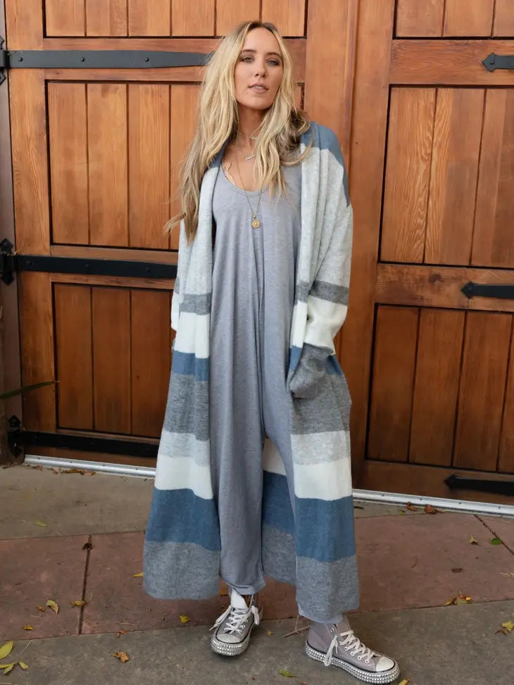 So Cozy Oversized Striped Knit Duster - Blue Multi Three Bird Nest