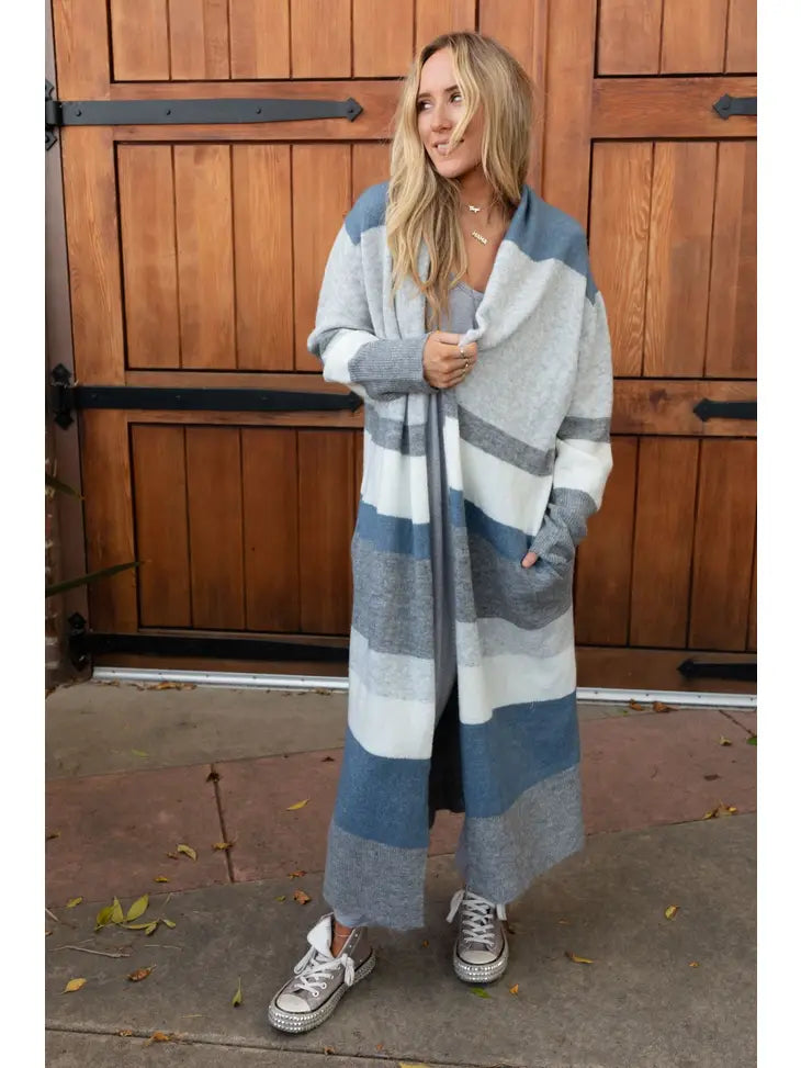 So Cozy Oversized Striped Knit Duster - Blue Multi Three Bird Nest