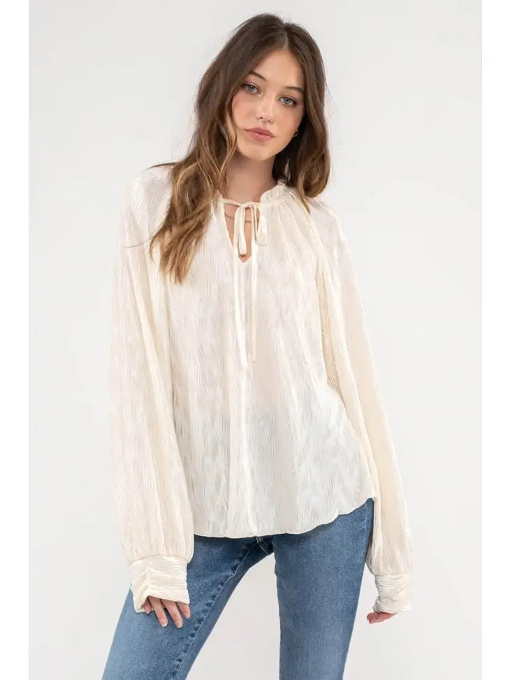 RUFFLE NECK TIE PLISSE LONG SLEEVE TOP CREAM The Druzy Rose