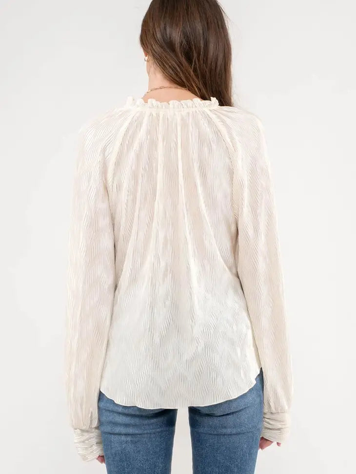 RUFFLE NECK TIE PLISSE LONG SLEEVE TOP CREAM The Druzy Rose