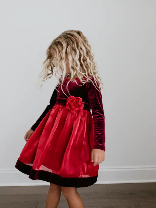 Kids Christmas Holiday Red Velvet Rosette Dress