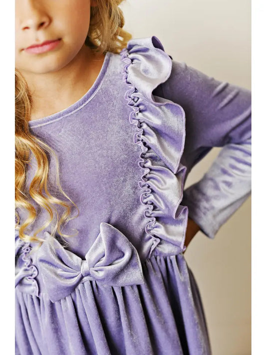 Kids Christmas Holiday Lavender Velvet Bow Ruffle Dress