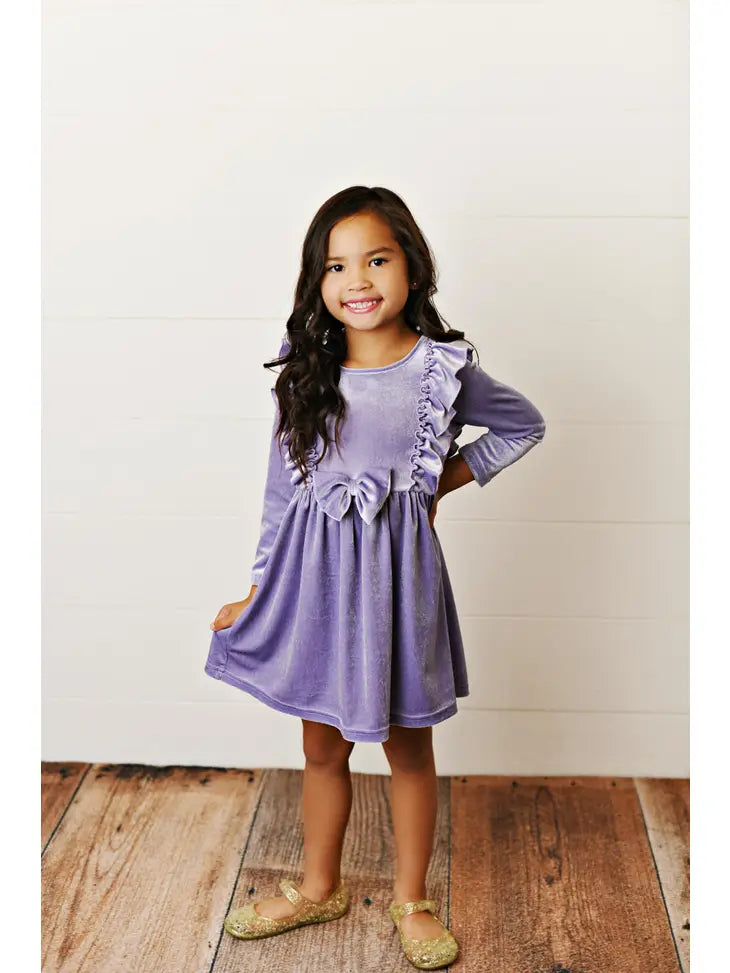 Kids Christmas Holiday Lavender Velvet Bow Ruffle Dress