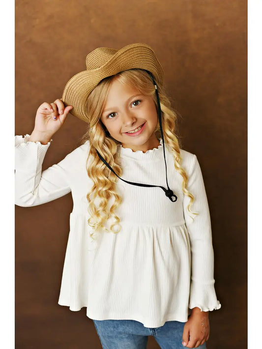 Kids White Long Sleeve Lettuce Trim Ribbed Shirt Oopsie Daisy