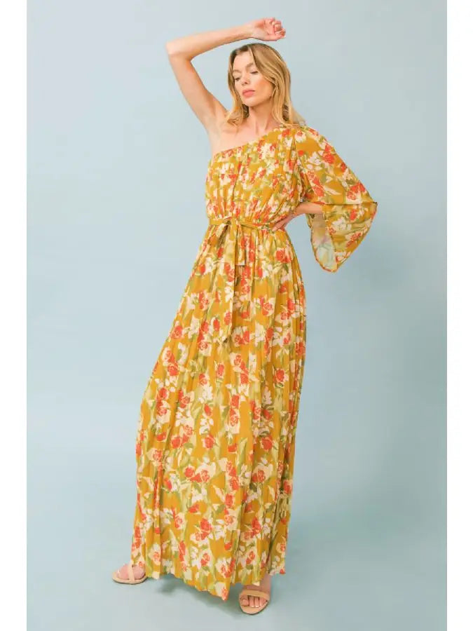 Printed Woven One Shoulder Maxi Flying Tomato