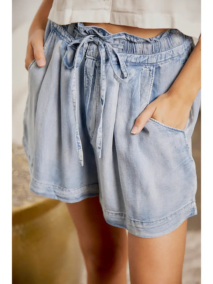 Paper bag cut chambray shorts mustard seed