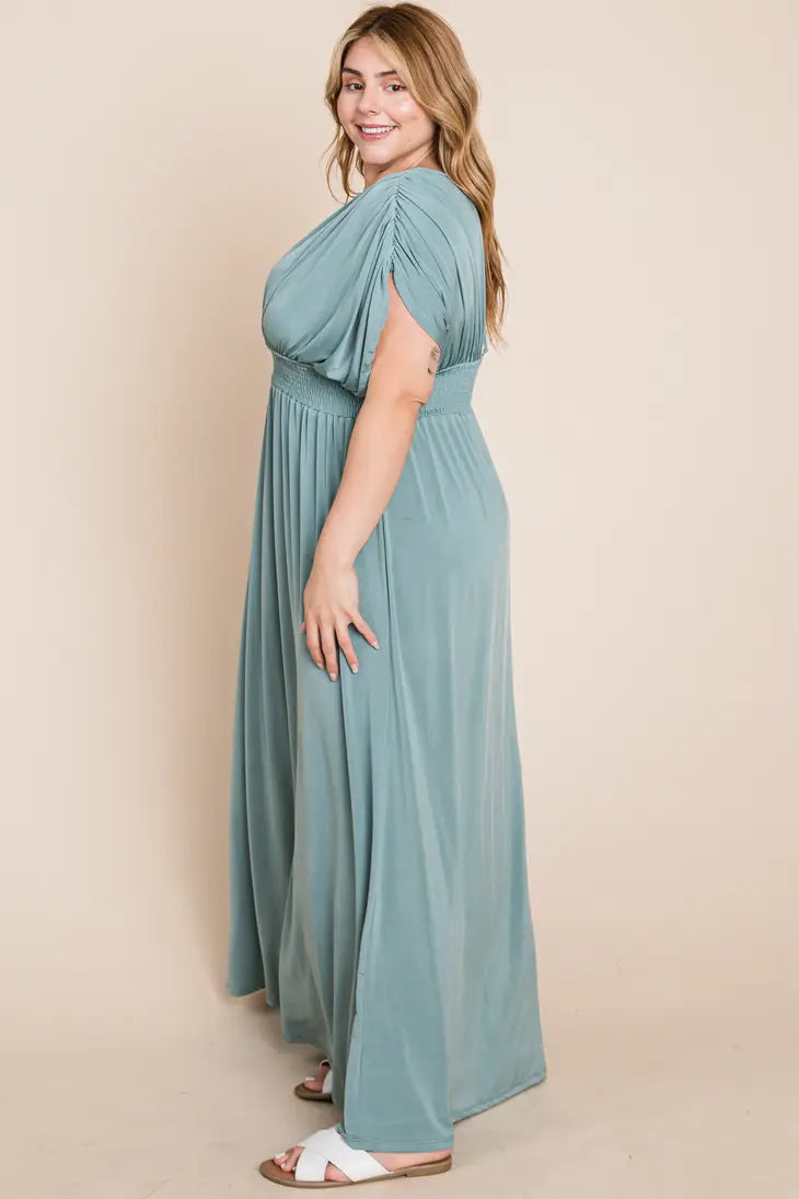 Plus Size Solid Maxi Dress with Rouched Sleeves Emerald Collection