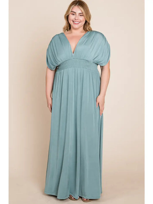 Plus Size Solid Maxi Dress with Rouched Sleeves Emerald Collection