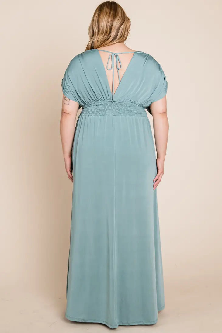 Plus Size Solid Maxi Dress with Rouched Sleeves Emerald Collection